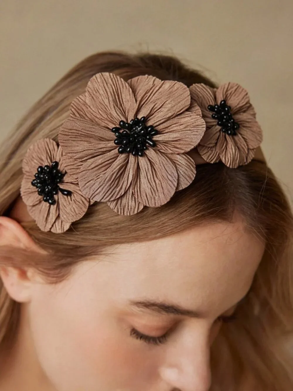Brown Floral Headband with Black Beaded Centers